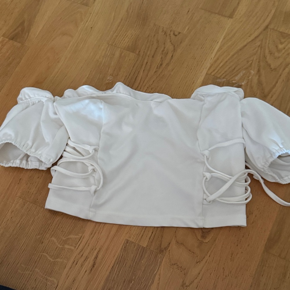 Fashion Nova White Off-Shoulder Lace-Up Puff Sleeve Crop Top